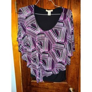 ATELIER 29 Women's XL Black Purple Geometric Print Layered Tunic Top